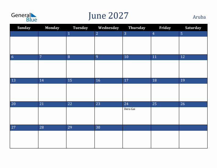 June 2027 Aruba Calendar (Sunday Start)