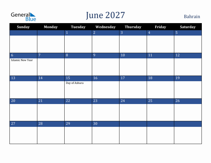 June 2027 Bahrain Calendar (Sunday Start)