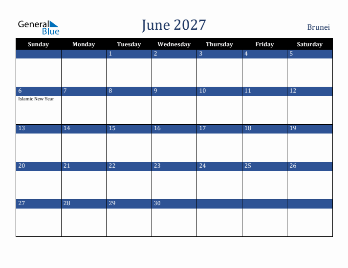 June 2027 Brunei Calendar (Sunday Start)