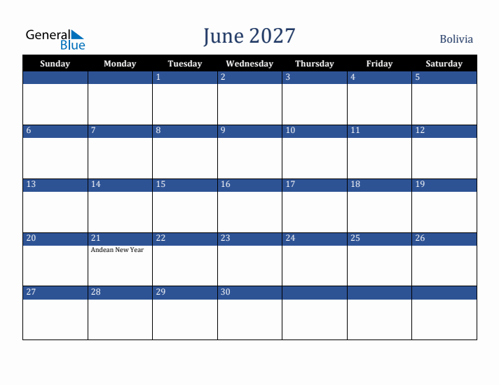 June 2027 Bolivia Calendar (Sunday Start)