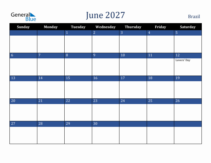 June 2027 Brazil Calendar (Sunday Start)