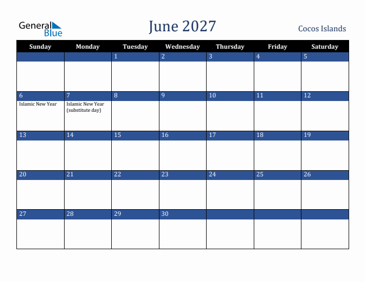 June 2027 Cocos Islands Calendar (Sunday Start)