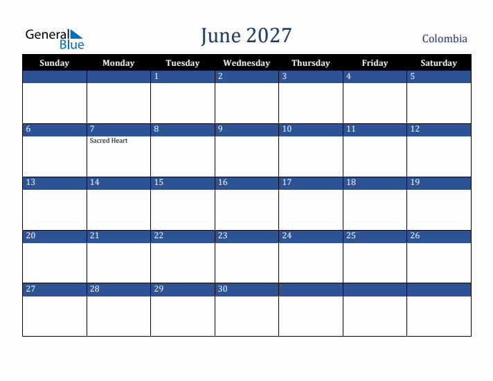 June 2027 Colombia Calendar (Sunday Start)