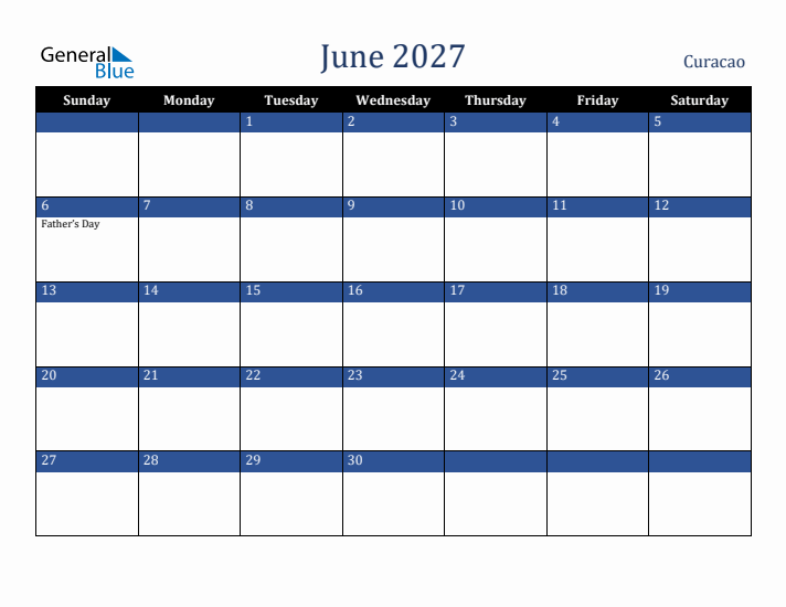 June 2027 Curacao Calendar (Sunday Start)