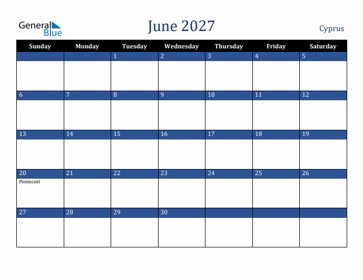 June 2027 Cyprus Calendar (Sunday Start)