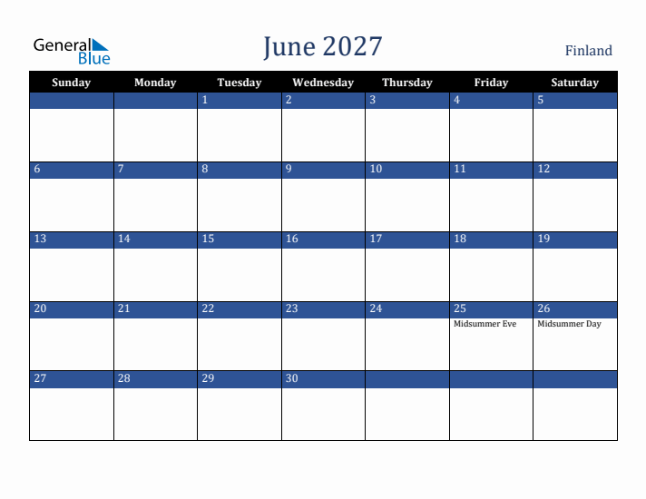 June 2027 Finland Calendar (Sunday Start)