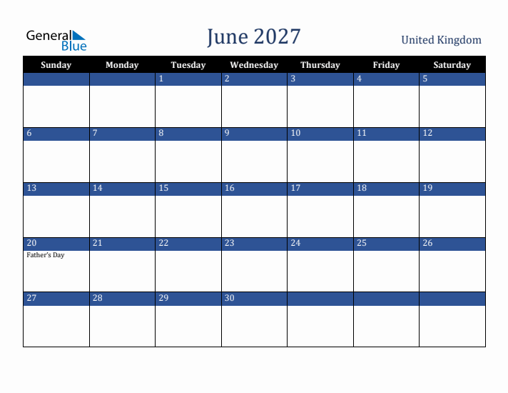 June 2027 United Kingdom Calendar (Sunday Start)