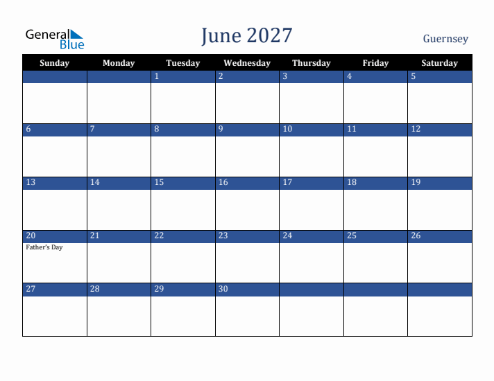June 2027 Guernsey Calendar (Sunday Start)