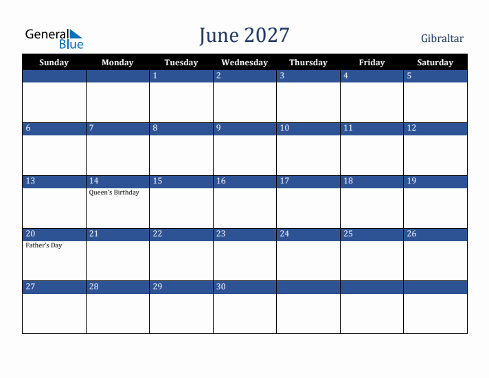 June 2027 Gibraltar Calendar (Sunday Start)
