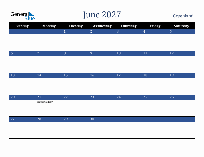 June 2027 Greenland Calendar (Sunday Start)