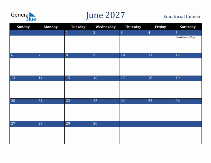 June 2027 Equatorial Guinea Calendar (Sunday Start)
