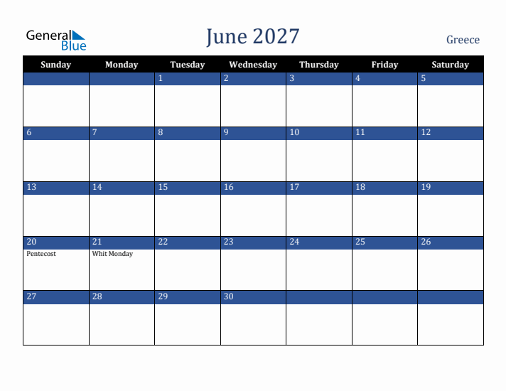June 2027 Greece Calendar (Sunday Start)