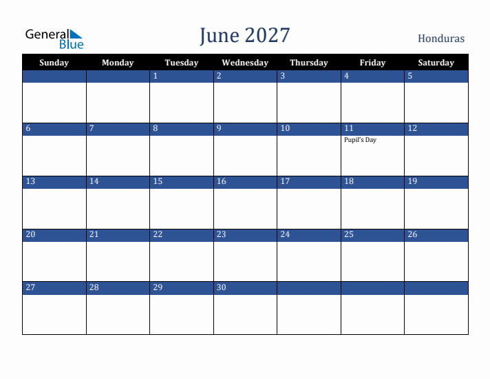 June 2027 Honduras Calendar (Sunday Start)