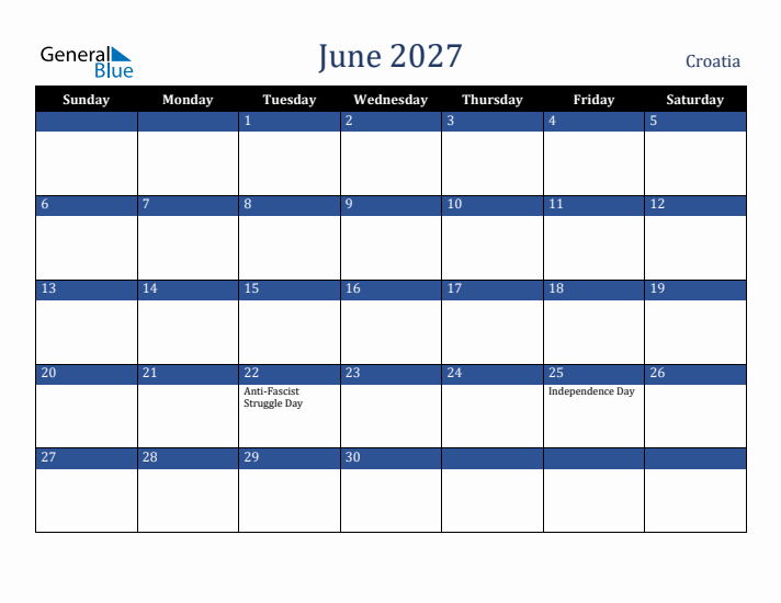June 2027 Croatia Calendar (Sunday Start)