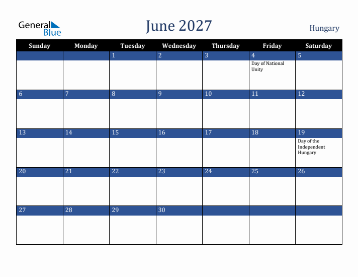 June 2027 Hungary Calendar (Sunday Start)