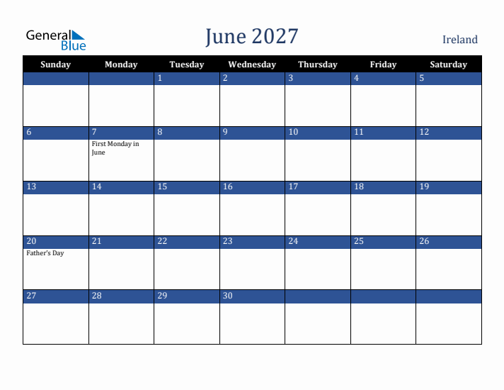 June 2027 Ireland Calendar (Sunday Start)