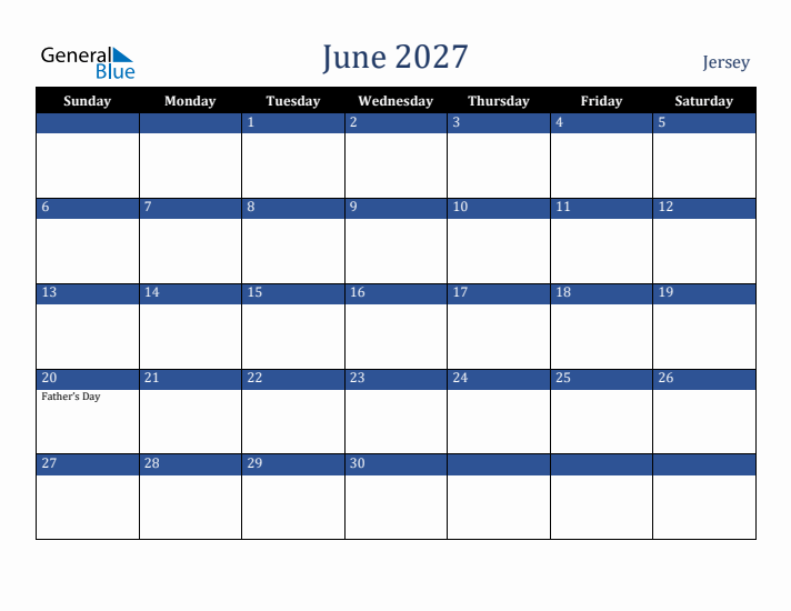 June 2027 Jersey Calendar (Sunday Start)