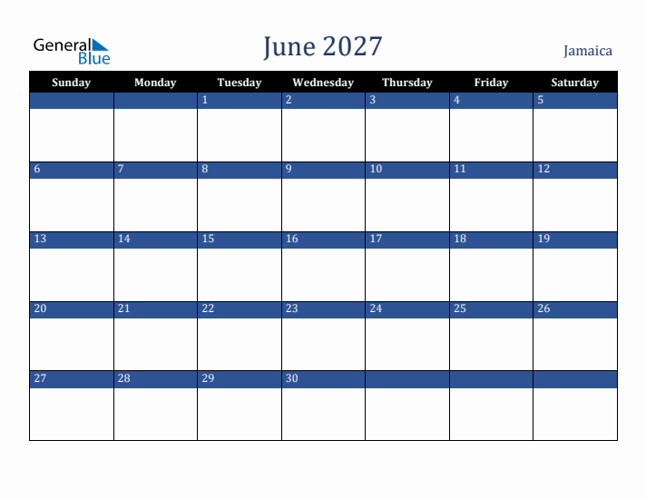 June 2027 Jamaica Calendar (Sunday Start)
