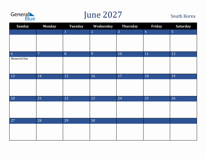 June 2027 South Korea Calendar (Sunday Start)