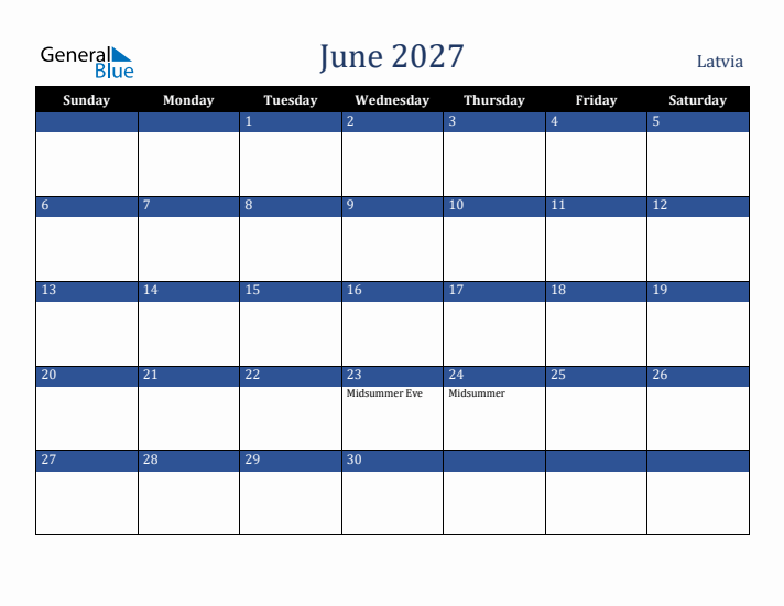 June 2027 Latvia Calendar (Sunday Start)