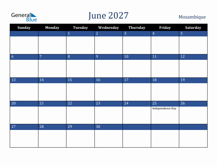 June 2027 Mozambique Calendar (Sunday Start)