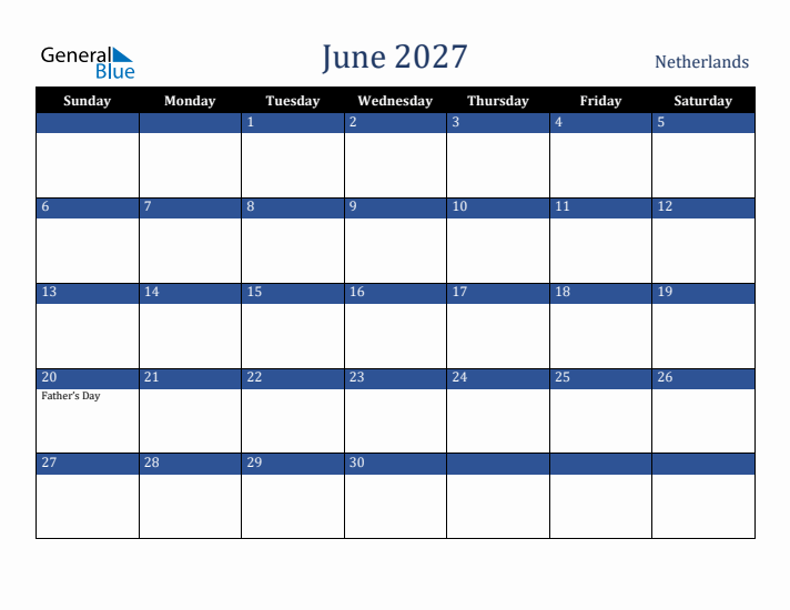June 2027 The Netherlands Calendar (Sunday Start)