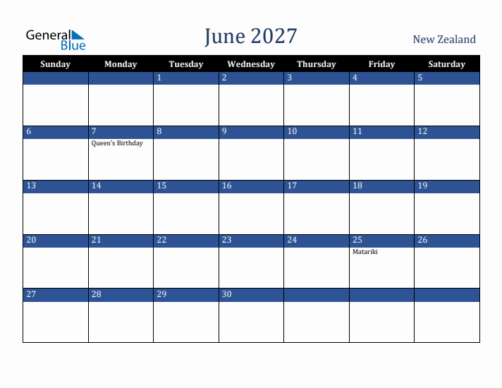 June 2027 New Zealand Calendar (Sunday Start)