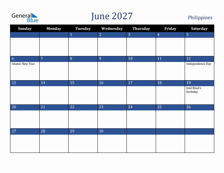 June 2027 Philippines Calendar (Sunday Start)