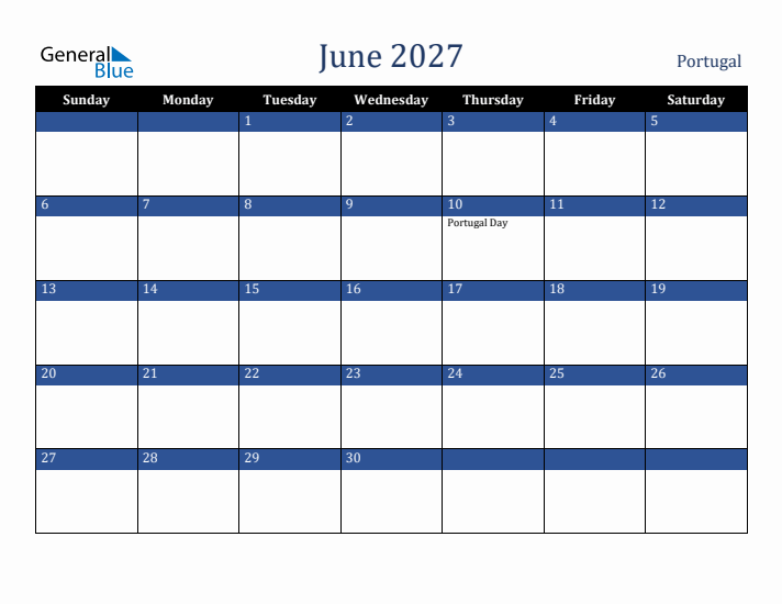 June 2027 Portugal Calendar (Sunday Start)