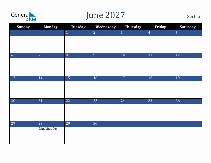 June 2027 Serbia Calendar (Sunday Start)