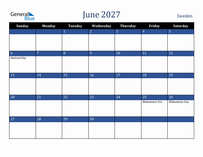 June 2027 Sweden Calendar (Sunday Start)