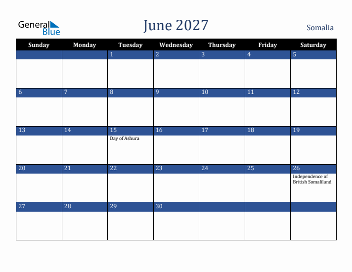 June 2027 Somalia Calendar (Sunday Start)