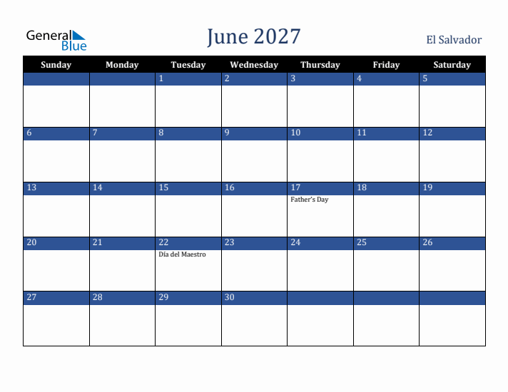 June 2027 El Salvador Calendar (Sunday Start)