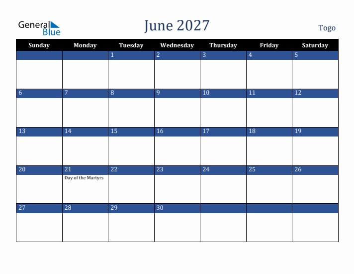 June 2027 Togo Calendar (Sunday Start)