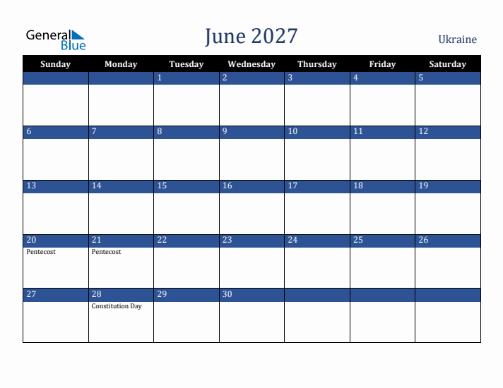 June 2027 Ukraine Calendar (Sunday Start)