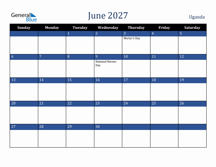 June 2027 Uganda Calendar (Sunday Start)