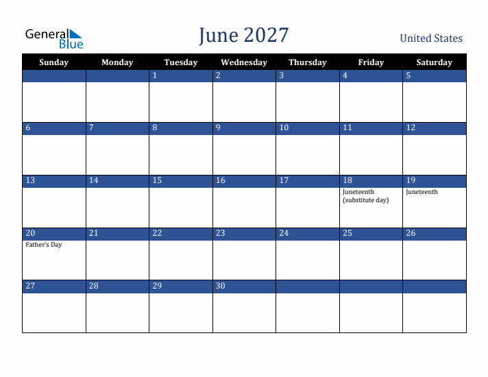 June 2027 United States Calendar (Sunday Start)