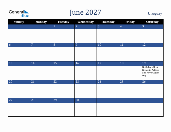 June 2027 Uruguay Calendar (Sunday Start)