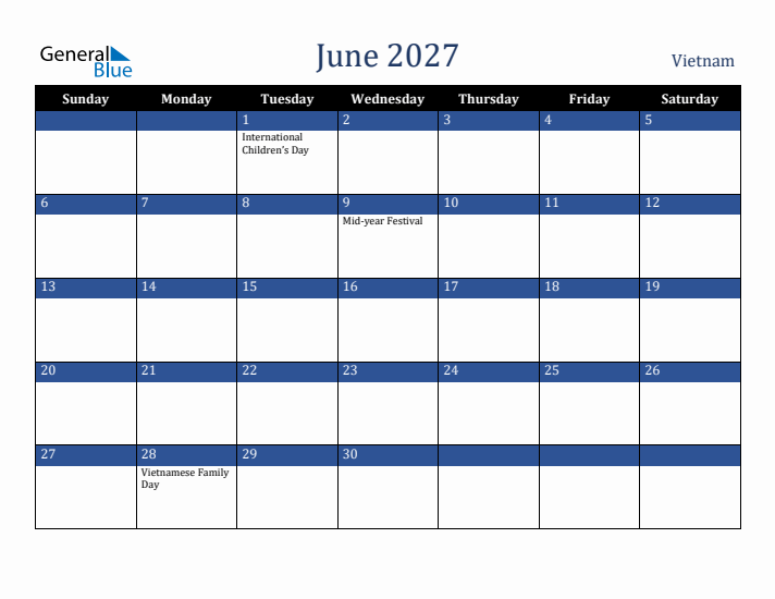 June 2027 Vietnam Calendar (Sunday Start)