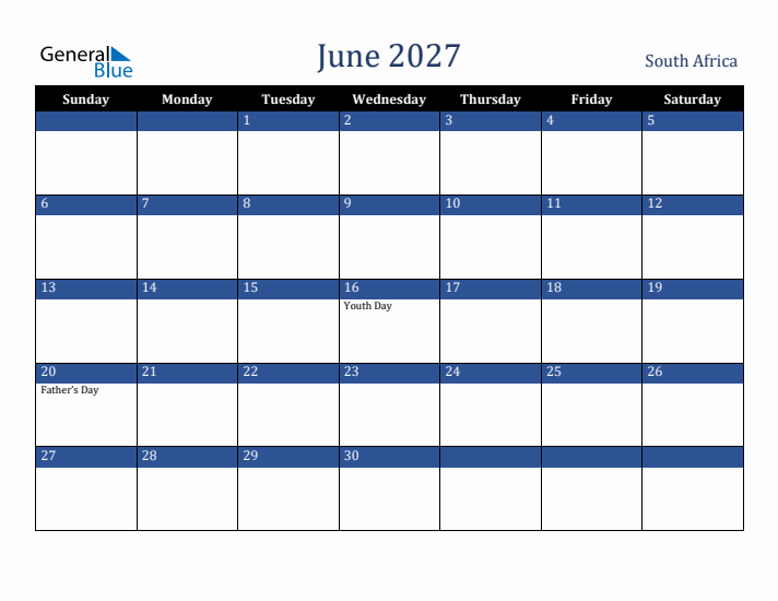 June 2027 South Africa Calendar (Sunday Start)
