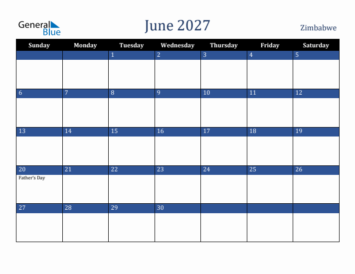June 2027 Zimbabwe Calendar (Sunday Start)