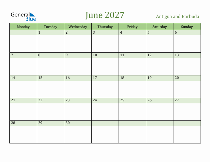 June 2027 Calendar with Antigua and Barbuda Holidays