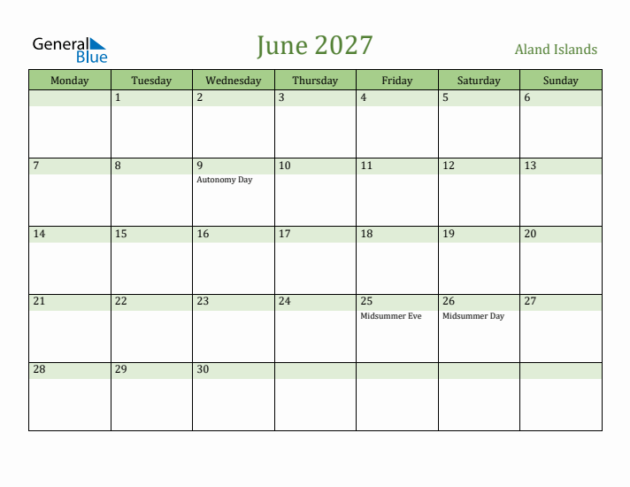 June 2027 Calendar with Aland Islands Holidays