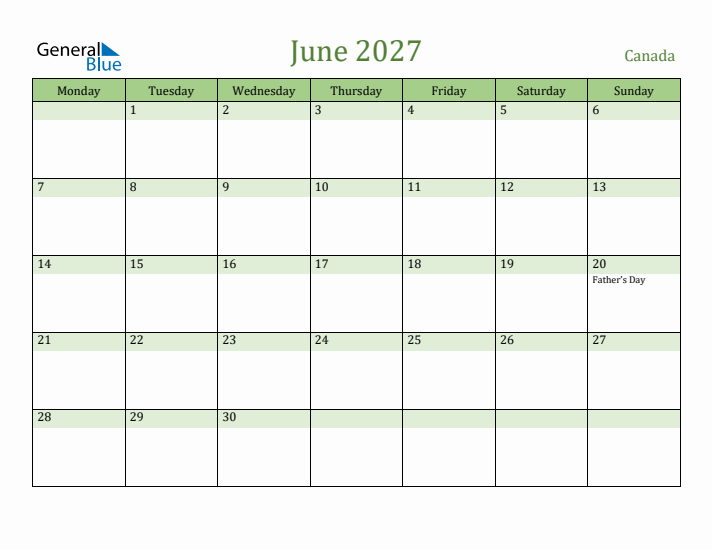 June 2027 Calendar with Canada Holidays