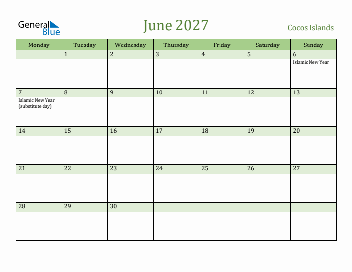 June 2027 Calendar with Cocos Islands Holidays