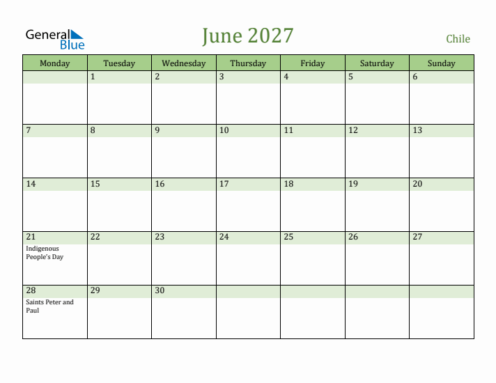 June 2027 Calendar with Chile Holidays