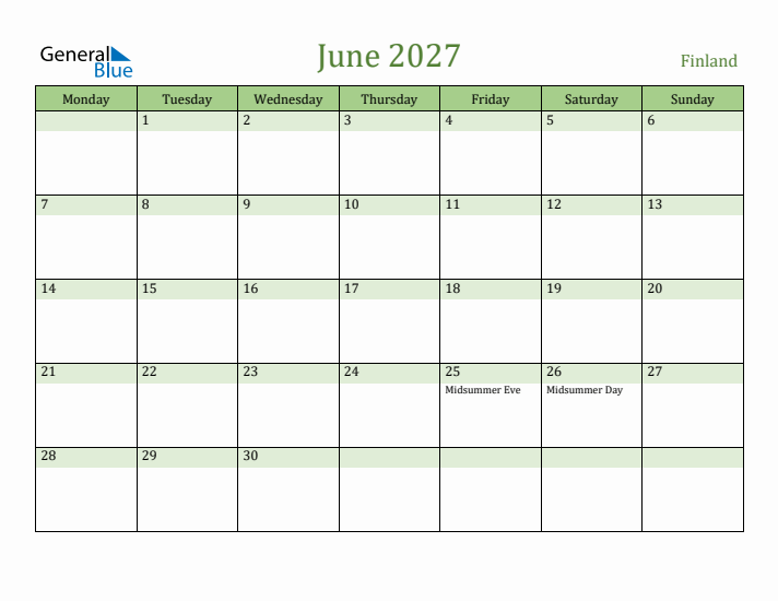 June 2027 Calendar with Finland Holidays