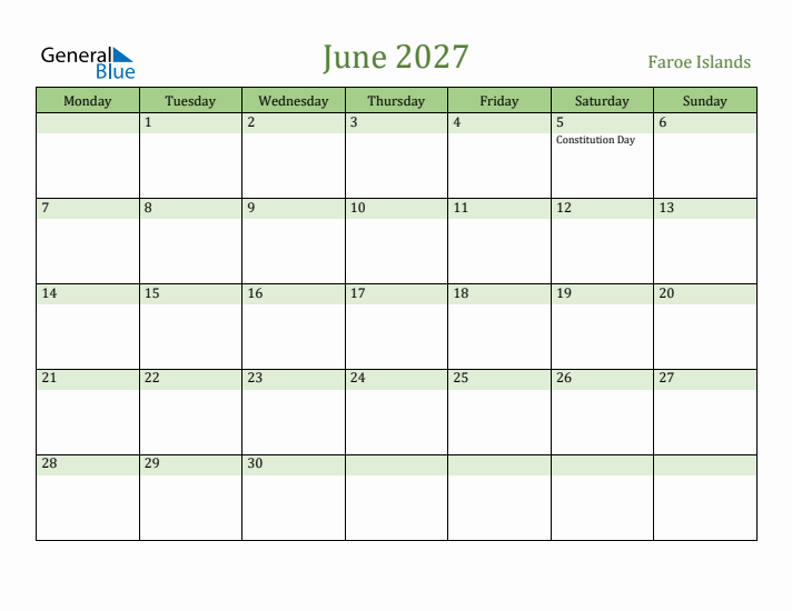 June 2027 Calendar with Faroe Islands Holidays
