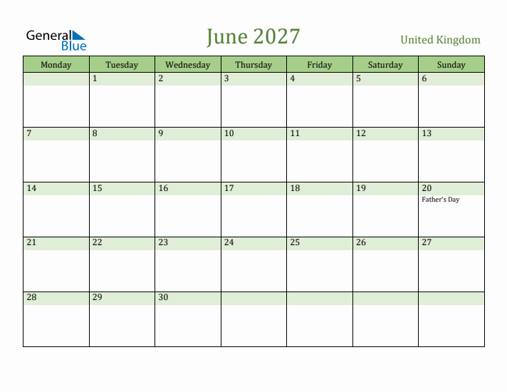 June 2027 Calendar with United Kingdom Holidays