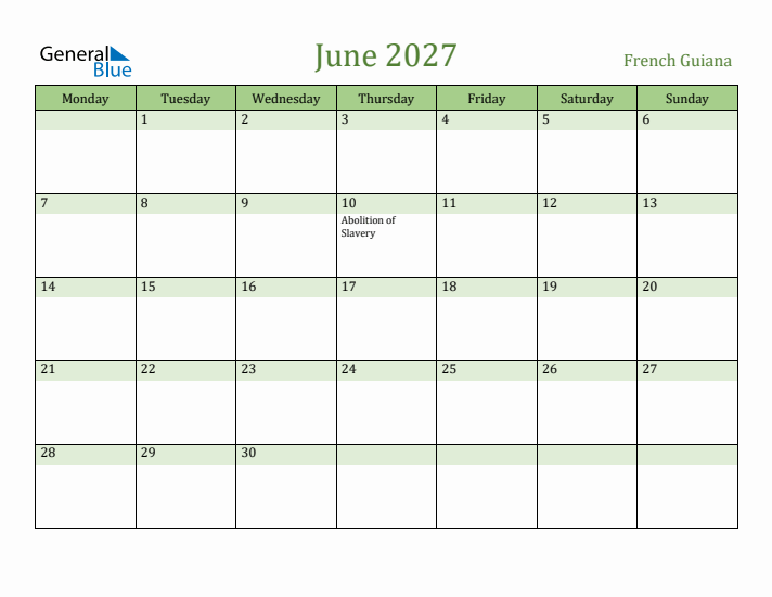 June 2027 Calendar with French Guiana Holidays